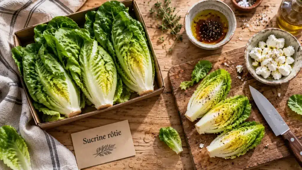 Salade sucrine croquante, sucrines vertes et chèvre frais